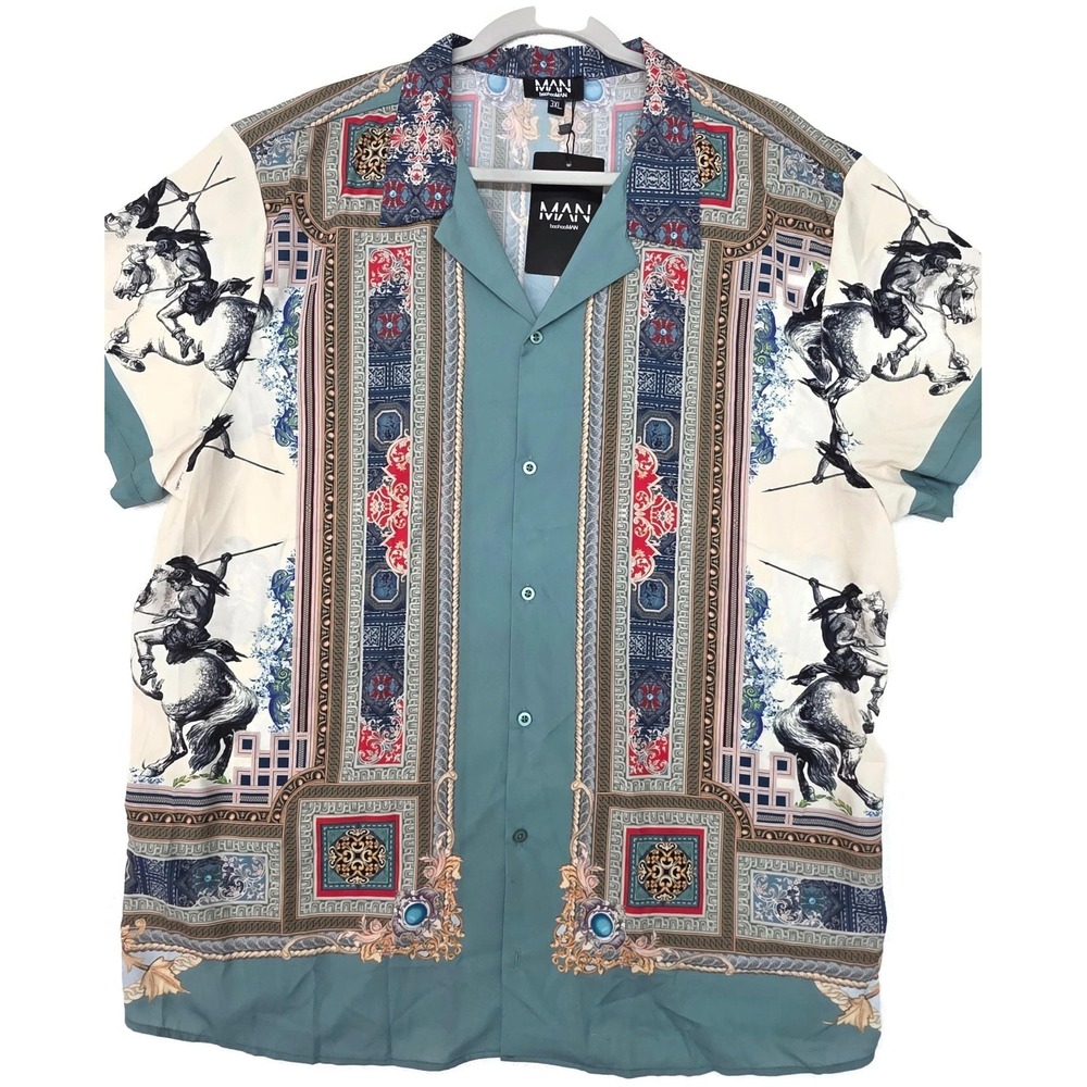 BoohooMAN‎ Shirt Mens 3XL Green Baroque Horse Border Print Short Sleeve Button